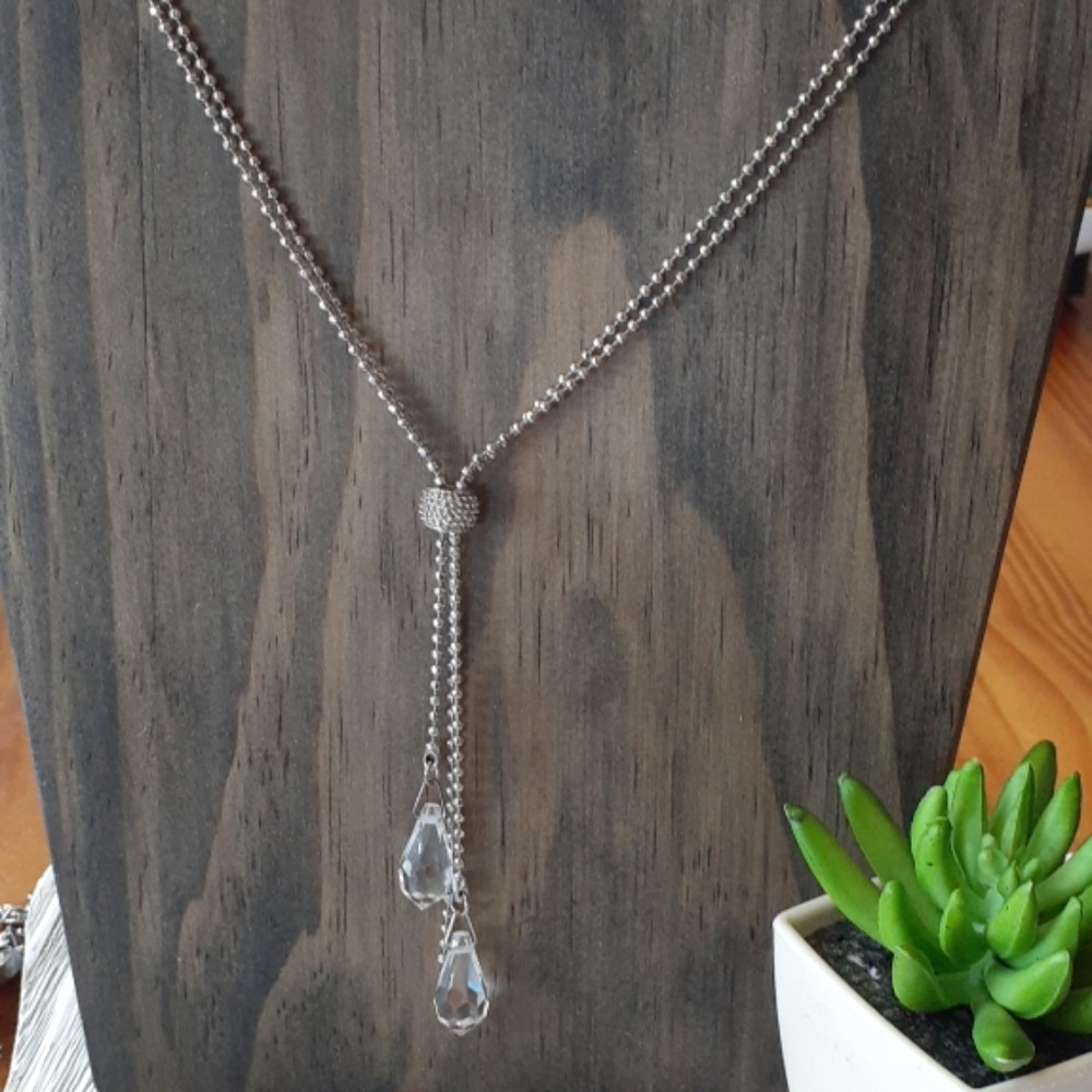 Cookie Lee Silvertone Y Lariat Faceted Crystal Tesrdrop Necklace